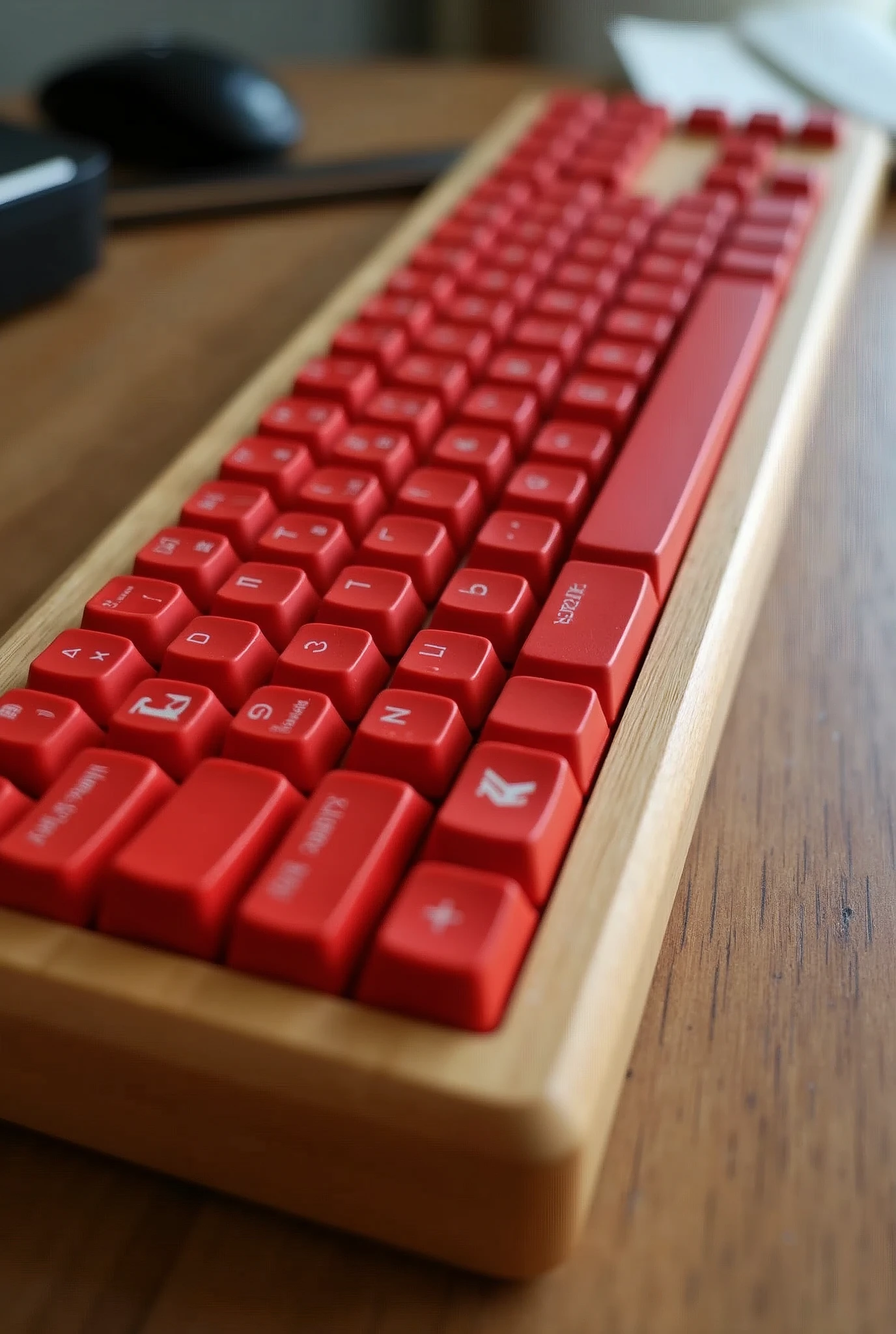 Keyboard with bamboo casing, red plastic keys