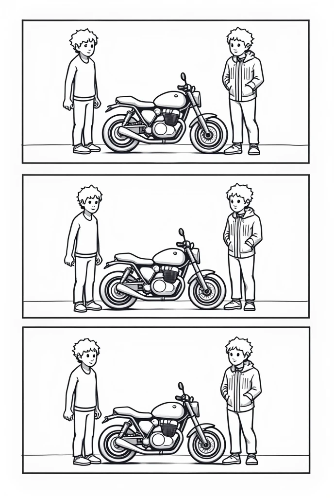 Create a 5 window comic of a person buying a motorcycle in black and white and simple
