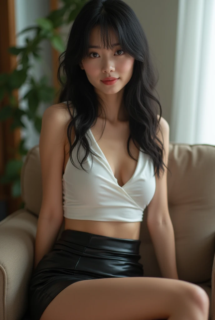 Ultra-realistic, photograph, Black Hair, female, 24-years-old, Hourglass Shape, Perfect body, Sexy expression, Highly detailed art gems, Art Germ Style, Lens 35mm, Blur the background, Sitting on a chair in the living room, (wearing a white wet Looking down into the valley shirt and a short latex skirt, Solid Color Bodycon Elegant Knee-Length Skirt), Looking down into the valley, appear, Wet shirt,(Sleeveless), Wearing opaque thigh-high socks, Show off your legs, Long legs, (彼femaleの足に触れる), Sexy Legs, Attractive legs, whole body picture, whole body portrait, whole body, Wide Shot, Wide-angle,Beautiful breasts,Cool eyes,Glossy Lips,smile,Glowing Skin,Clear Skin,OM-D E-M1 Mark III,(Rembrandt Lighting,Loop Lighting,Butterfly Lighting)White Promist,Soft spotlight,Araki Style