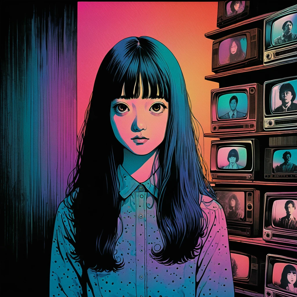 watching over us, illustration art, 70's horror movie poster, junji ito style, high detail, realistic deep shadows, analog style, chromatic aberration, surrealism, complementary gradient, vhs style, nightmare, 8mm film