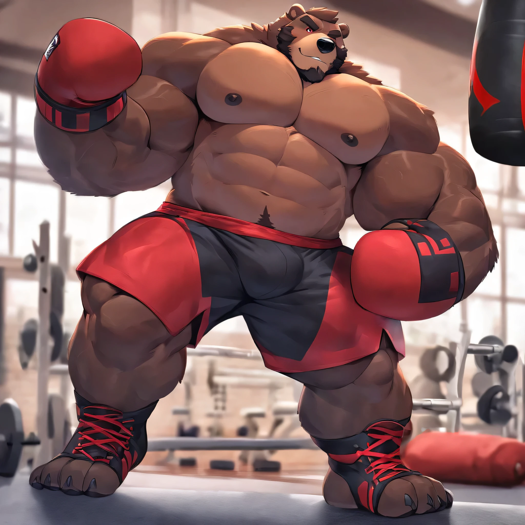 Solo, 1boy, huge muscular kodiak brown bear in big gym fitness center, big smirking, kodiak bear, huge brown fur, thick arms, huge arms, big fists, veins all over arms and chests, bald, big brown mustache and beard, (muscular, pectoral, wide pectoral, thick arms), HEIGHT: 220CM, WEIGHT: 400KG, belly with abs, gym sets, workout equipments, ring, punching bag, 8k, masterpiece, added cinnamon colored eyebrows, deatiled eyes with red pupils, (wearing black mixed martial arts shorts with red slits, black mixed martial art fingerless gloves with red pads, black toeless footwear tapes, shirtless and topless), punching and kicking techniques, bigger, harder, stronger.