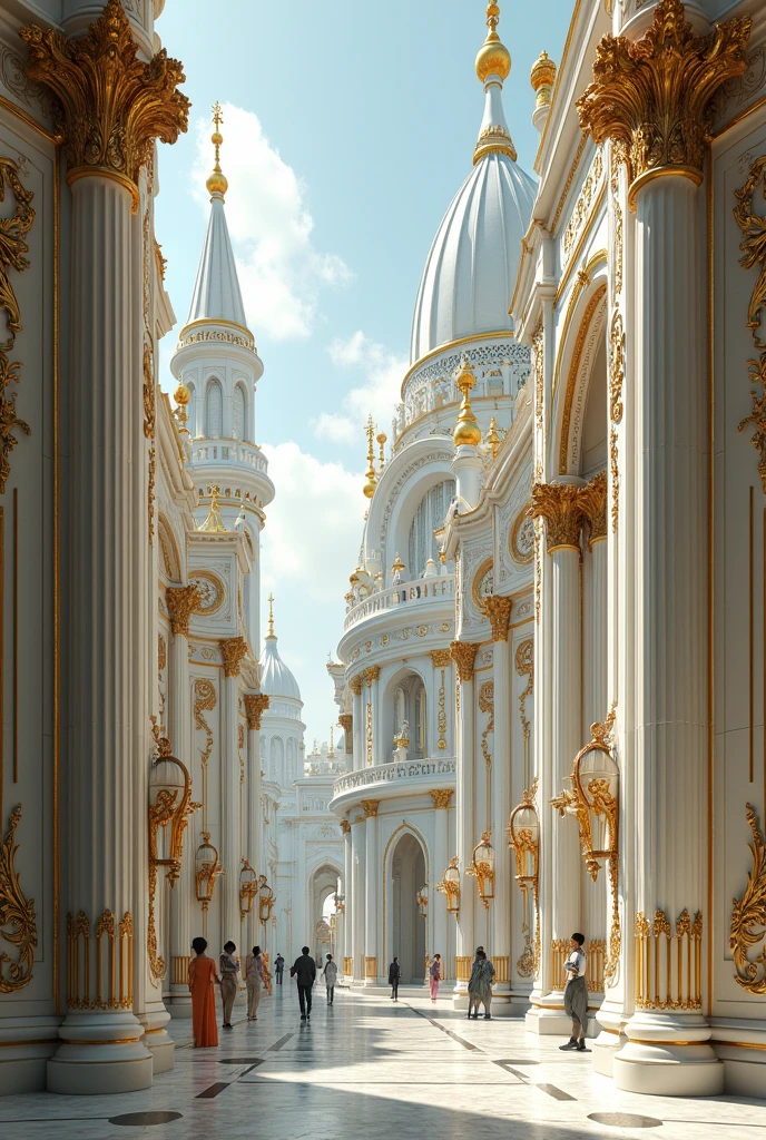 Photograph of future scifi city gothic architecture, with romanian architectural influences, gilded intricate decorations, very realistic photograph, white marble walls, shiny golden decorations