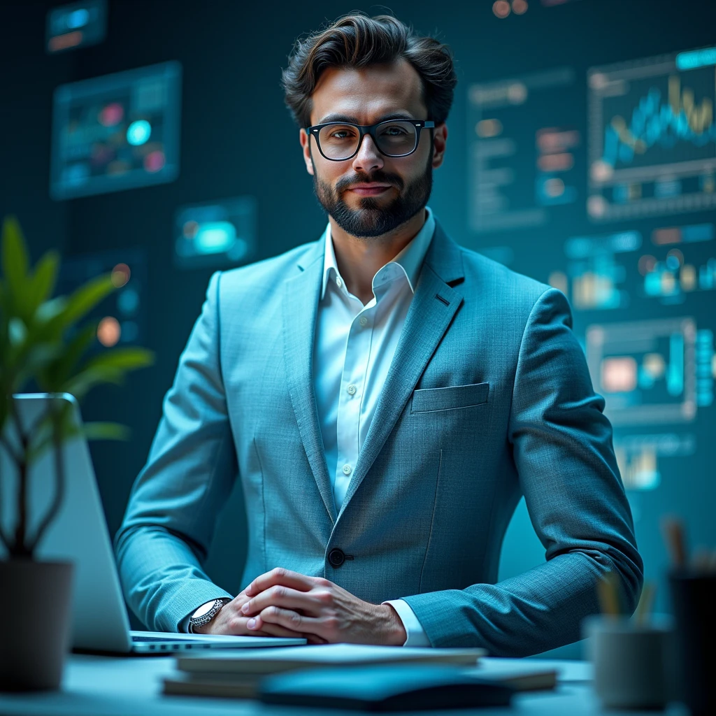 Image Description:
Create a visually striking and engaging image for a Facebook Ads campaign, designed to capture attention and generate strong interest in enrolling in an engineering course. The design should be impactful and inspire action. Include the following elements:
Central Focus:
Featured Person: Show a confident man wearing light-colored, formal attire (such as a light blue or gray suit) standing or sitting at a desk with engineering tools, a laptop displaying engineering schematics, or surrounded by tech and innovation elements. His attire should convey professionalism and approachability.
Dynamic Background: Use a vibrant and dynamic background that contrasts with the central figure. Consider a blend of modern technological elements or abstract patterns in a color palette that complements the light-colored attire.
Color Palette:
Use engaging and vibrant colors that create visual impact and contrast effectively with the light-colored attire. Consider using bold blues, greens, and metallics to evoke a sense of excitement and professionalism.
Professional and Clean Design:
Ensure the overall design is clean and professional, avoiding overcrowding. The image should convey sophistication and modernity while remaining easy to read and visually appealing at a glance and need to use a glasses.
The image should quickly grab attention, clearly communicate the benefits of the engineering course, and encourage viewers to take immediate action
the background more dinamic