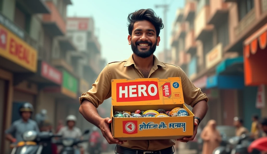 An Indian man showing "hero company" Spare Parts with box 