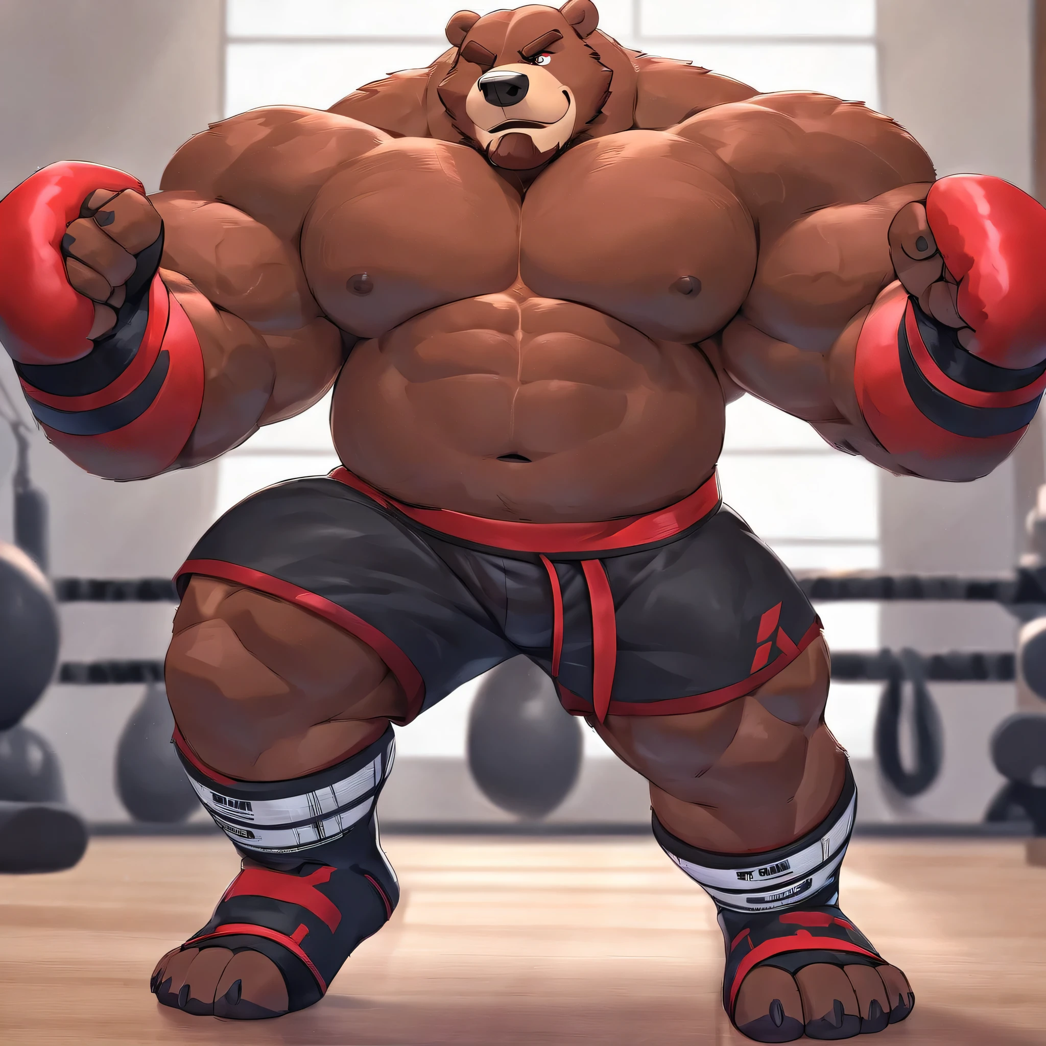 Solo, 1boy, huge muscular kodiak brown bear in big gym fitness center, big smirking, kodiak bear, huge brown fur, thick arms, huge arms, big fists, veins all over arms and chests, bald, big brown mustache and beard, (muscular, pectoral, wide pectoral, thick arms), HEIGHT: 220CM, WEIGHT: 370KG, belly with abs, gym sets, workout equipments, ring, punching bag, 8k, masterpiece, added cinnamon colored eyebrows, deatiled eyes with red pupils, (wearing black mixed martial arts shorts with red slits, black mixed martial art fingerless gloves with red pads, black toeless footwear tapes, shirtless and topless), punching and kicking techniques, bigger, harder, stronger.