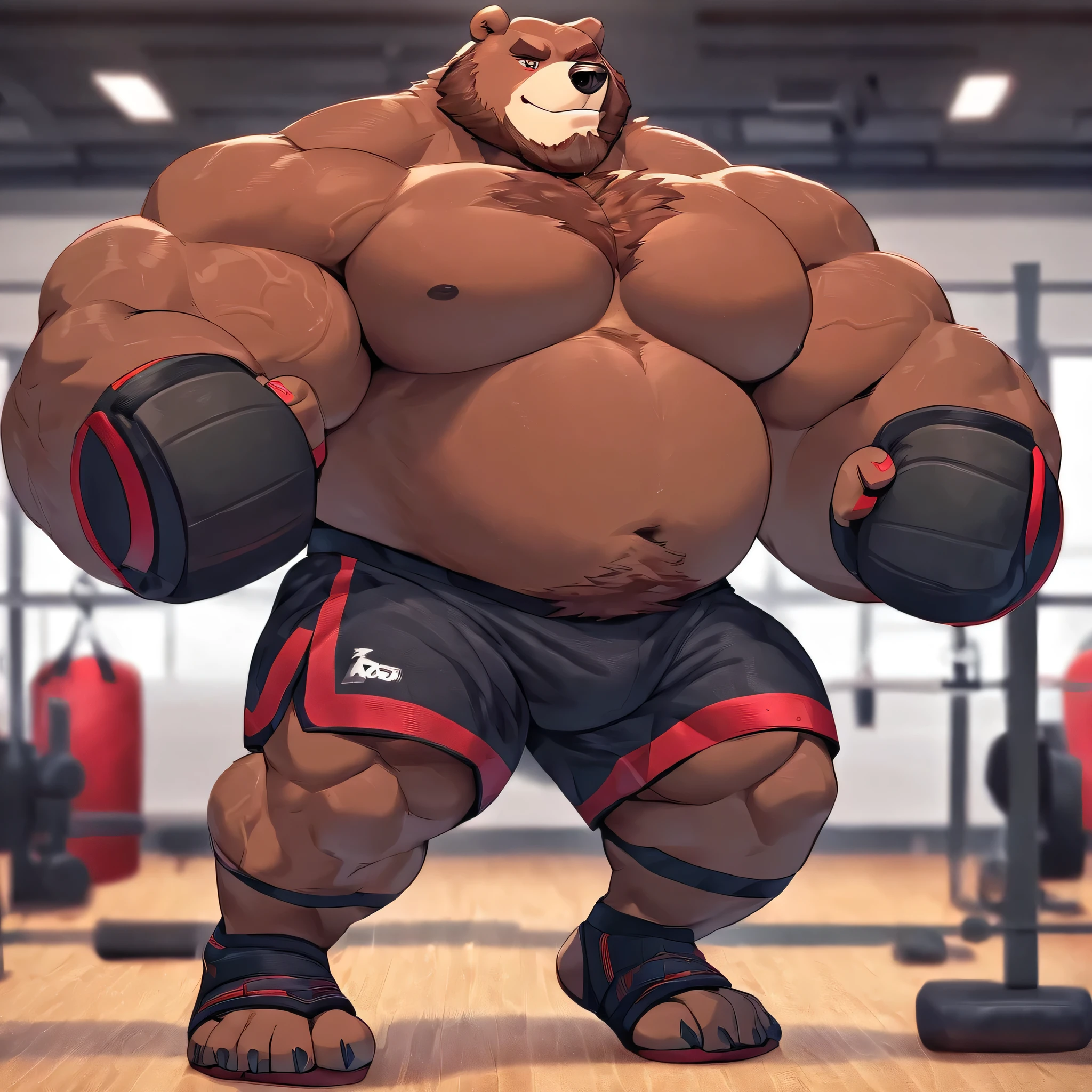 Solo, 1boy, huge muscular kodiak brown bear in big gym fitness center, big smirking, kodiak bear, huge brown fur, thick arms, huge arms, big fists, veins all over arms and chests, bald, big brown mustache and beard, (muscular, pectoral, wide pectoral, thick arms), HEIGHT: 220CM, WEIGHT: 400KG, belly with abs, gym sets, workout equipments, ring, punching bag, 8k, masterpiece, added cinnamon colored eyebrows, deatiled eyes with red pupils, (wearing black mixed martial arts shorts with red slits, black mixed martial art fingerless gloves with red pads, black toeless footwear tapes, shirtless and topless), punching and kicking techniques, bigger, harder, stronger.