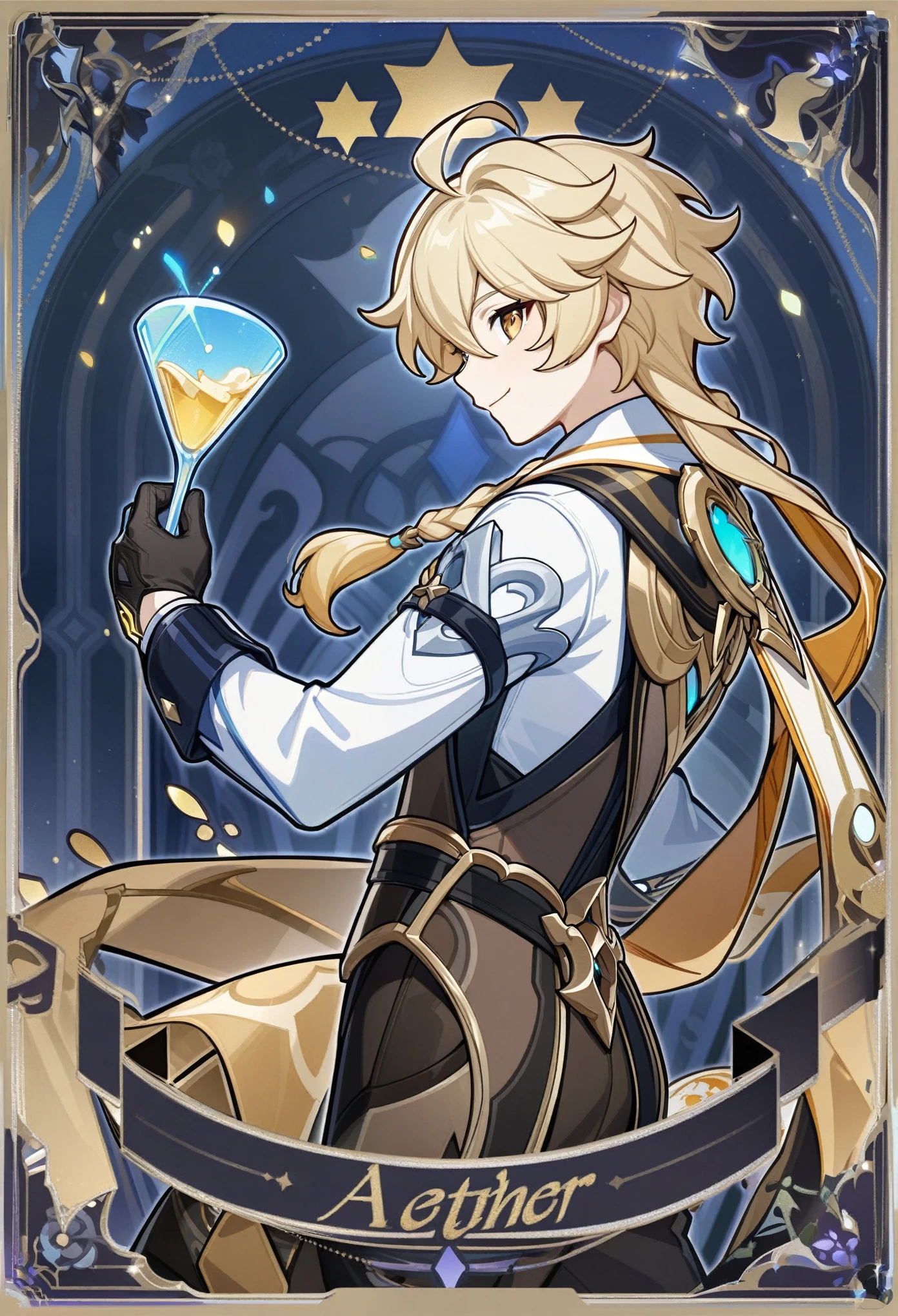 aether, aether from genshin impact, 1boy, bartender in a stylish pose, holding glass blonde, gold eyes, cute face, simple formal suit, no scarf, gold waistcoat, art deco, tarot card, side view, close up, decorative, masterpiece, high quality, hd, 4k, upper body, smiling