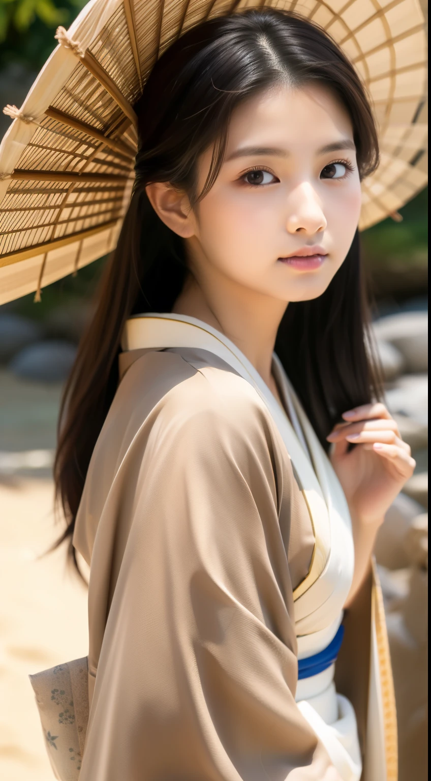 最high quality、high quality、Best image quality、8k、最High resolution、High resolution、Sandy Beach, Realistic photos, Beautiful Eyes, Flowing black hair, Elegant kimono, Traditional folding fan, Calm expression, Soft lighting, Traditional Japanese art style, Vibrant colors, Peaceful atmosphere, Delicate features, Graceful posture, Mysterious, mysterious
