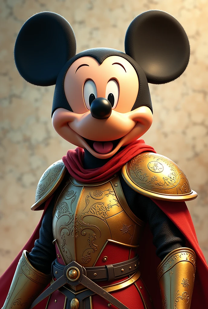 Dessinez une illustration inspirée des chevaliers du zodiaques ;, représentant une version de Mickey Mouse de style armure doré chevalier du sodiacs. Mickey Mouse doit avoir un design futuriste , avec des lignes élégantes et des détails métalliques brillants. Votre visage doit conserver les traits classiques de Mickey, mais avec une esthétique plus technologique, y compris brillant, yeux expressifs et oreilles emblématiques. Créant une fusion unique entre le classique et le futuriste."