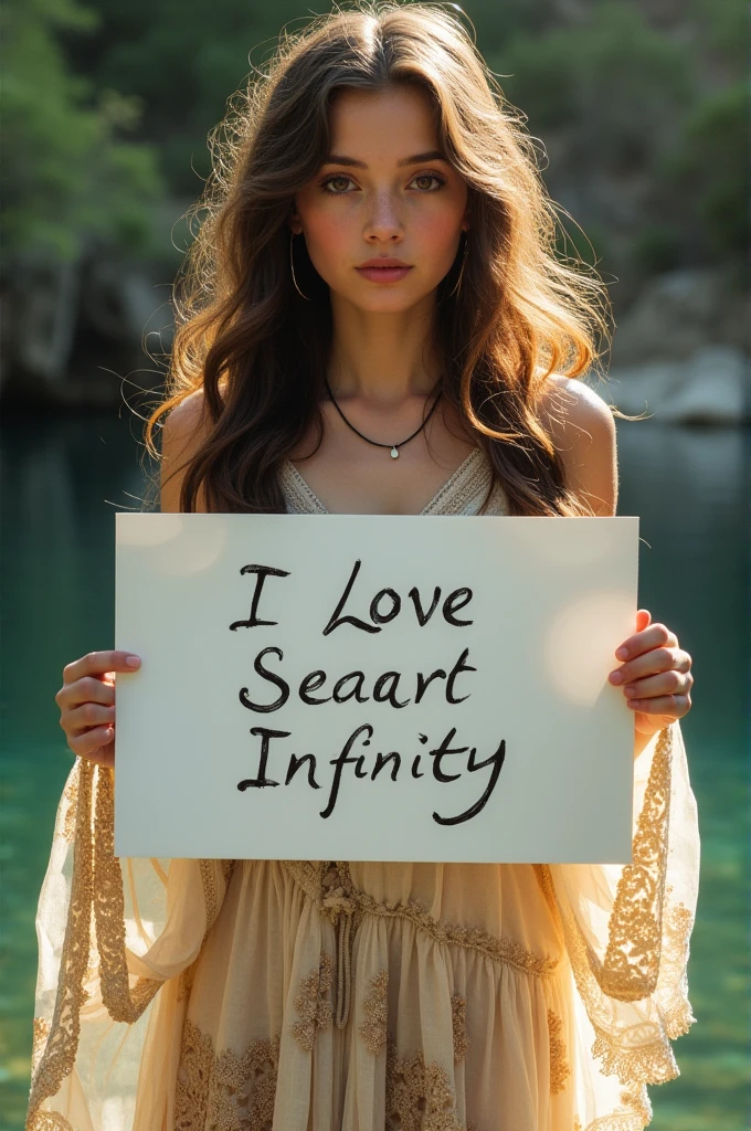 Beautiful girl with wavy long hair, bohemian dress, holding a white board with text "I Love Seaart Infinity" and showing it to the viewer