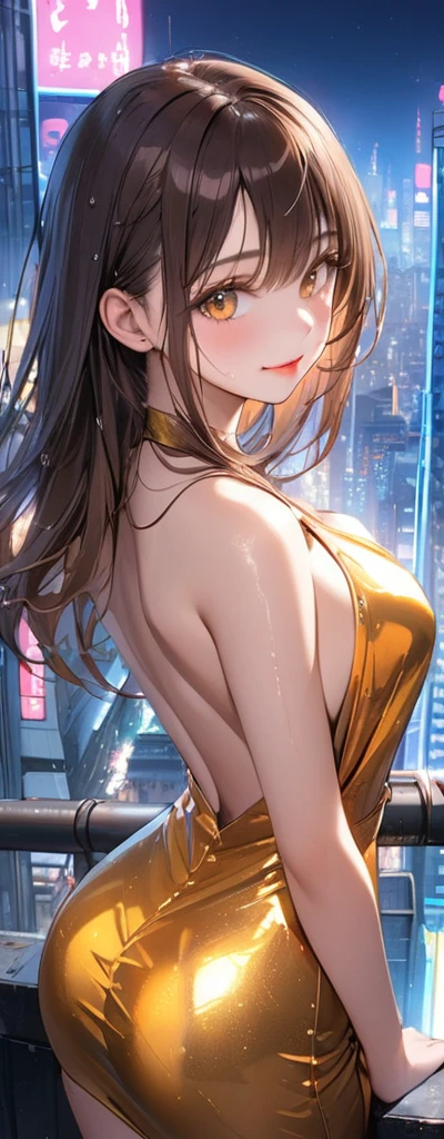 Straight Hair、Brown Hair,((Highly detailed golden sexy dress)), Looks about , (beautiful girl: 1.3),1girl,Highest quality,8k,Highly detailed CG unit wallpaper,masterpiece:1.2,Highest quality,Ultra-high resolution,RAW Photos,Realistic textured skin,Cinema Lighting,happy,Big eyes,Detailed eyes,Wet,Wet,(Glossy lipstick,Perfect Makeup,Ultra-high definition beauty face,Huge building,Metropolis,(Big, round and beautifully shaped butt),(Standing on the rooftop of a skyscraper in Cyber City),(Panoramic View),night,Detailed neon lights,