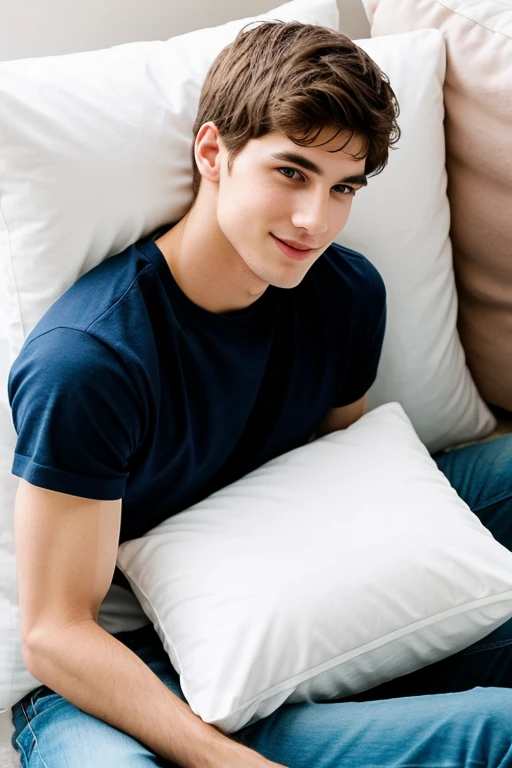 Young cute and handsome skinny white face beautiful soft skin 27 years old playing with pillows with his brother hitting each other