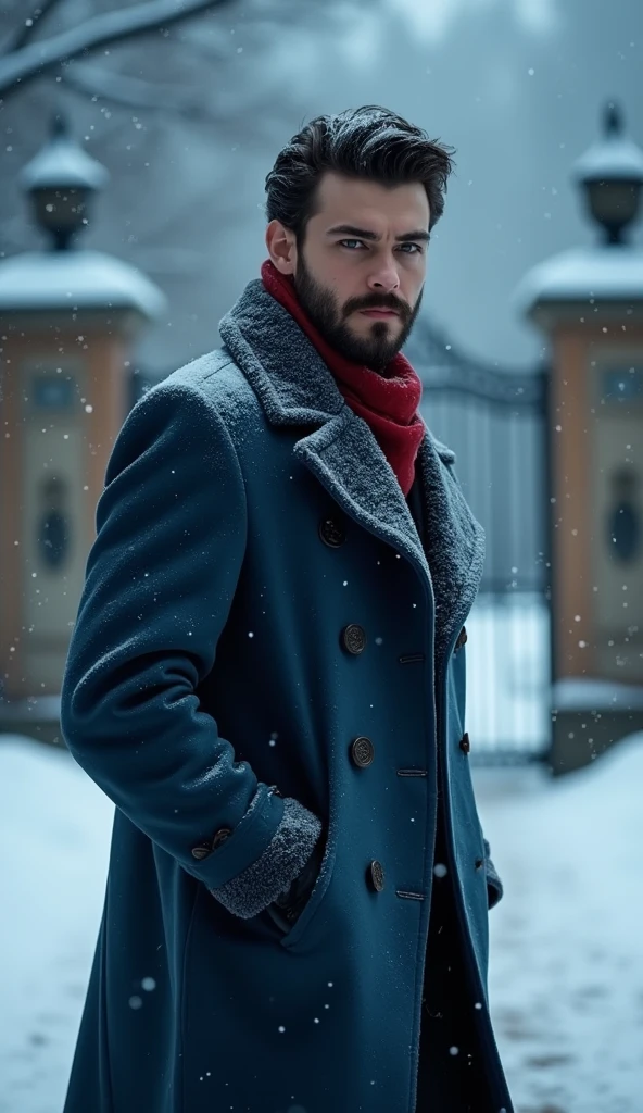A 21-year-old young rich man with a small beard and big mustache, wearing a lush bluish pent coat and a red muffler. Snow-covered ground and icy environment. Dark, cold night with heavy snowfall. heading towards the grand mansion gate with a determined look. snowy and cold environment.