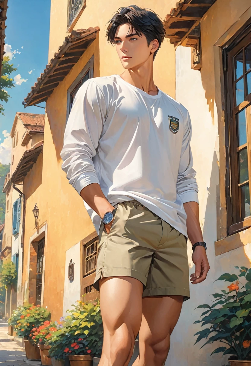 masterpiece, best quality, perfect lighting, high resolution, 1 guy, (tall), (handsome), toned physique, BREAK, short, black hair, blue eyes, BREAK, black, long-sleeved shirt with logo, BREAK, white, khaki shorts, and white, hightop shoes, hands in pockets, full body view
