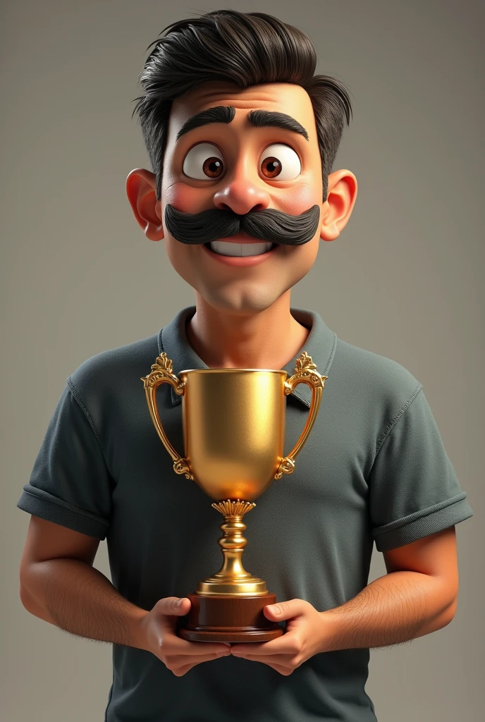 Sam mustache with a trophy