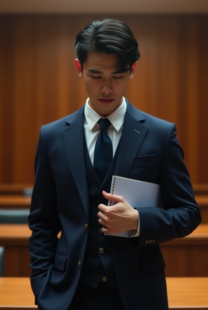 A young officer in a dark blue tailored suit,Standing in an empty courtroom,Holding an important document in hand。His peach blossom eyes are firm but sad,High nose bridge,Snow-white skin,The thin red lips show despair