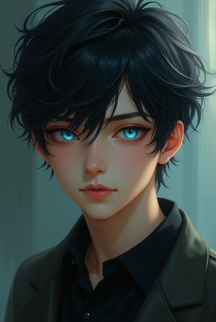 a handsome boy with golden blue eyes and black hair, about 16 years old.