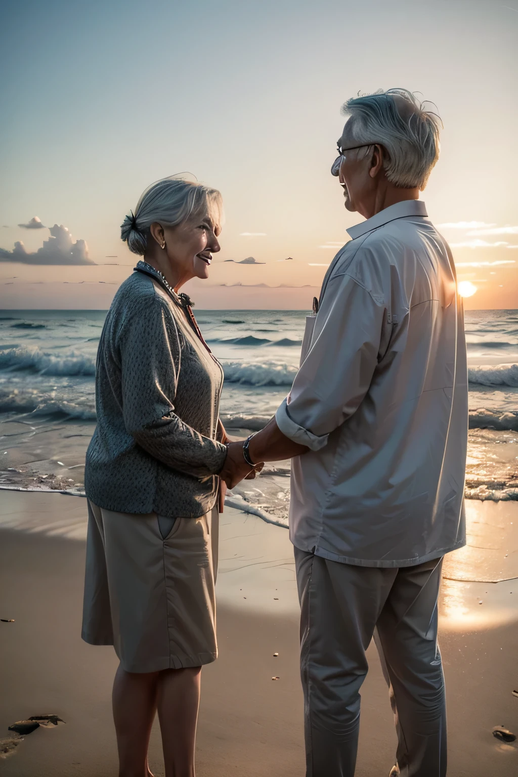 elderly couple, gray haired, they are watching the sunset on the beach , 12 children play on the beach