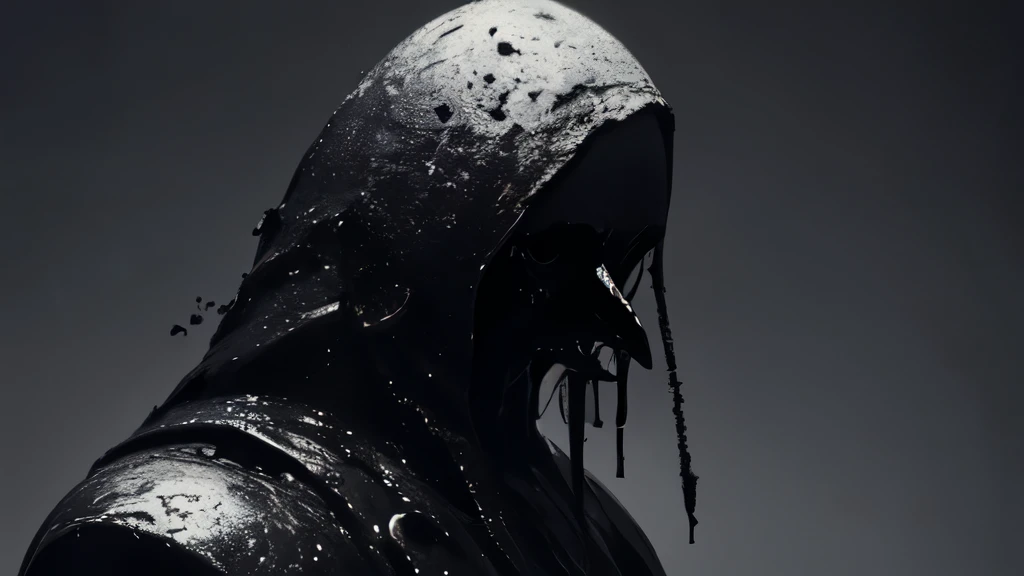 bs, solo, simple background, monochrome, upper body, greyscale, bodysuit, black background, 1other, monster, arms at sides, horror (theme), alien, bad anatomy, ravens, creaper