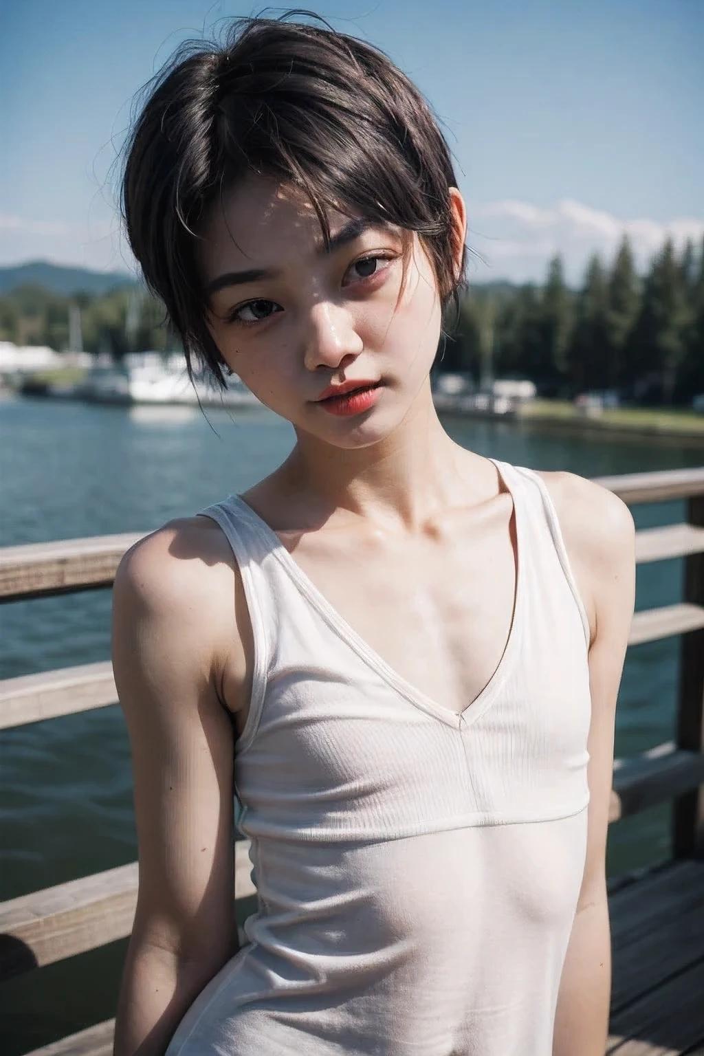 ((BEND)), ((NECK LACE)), ((GOTH FEMBOY BLACK LIPS)), Bodybuilder Naked, (((VERY SHORT HAIRCUT:1.6))), masutepiece, High quality, UHD 32K, Realistic face, Realistic skin feeling , A Japanese Lady, 8 , , Very cute and baby-like face, (((FLAT CHEST))), ((at middle of a dilapidated bridge)), ((look In front  at the camera and SADNESS)), (((CUTE GIRL))),  little Bodybuilder, ((flat chest:1.4)), ((leopard pattern))