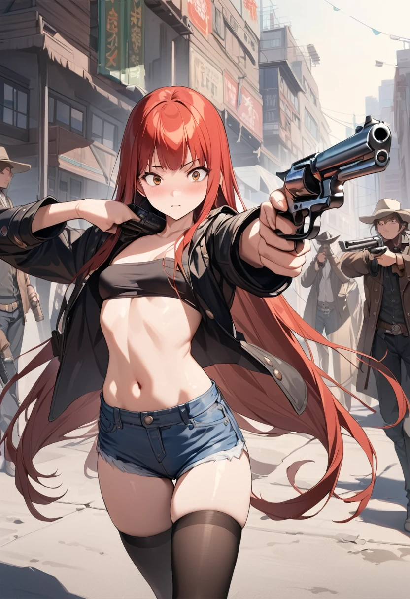 (Action Scenes、Gunfight)、((masterpiece,best quality anime,Highest quality:1.3)),realistic,cowboy shot,(25 year old beauty), gunslinger ,1woman,独奏,((very small head:1.4)),((very long body:1.3)),red hair,bangs,straight long hair,gorgeous big eyes,brown eyes,(Black long coat),Wear a tube top shirt under your coat,navel、(denim micro shorts、black_thighhighs),((slender body:1.3,skinny)),small breasts,gleaming skin,shiny skin,Holding a gun in hand、revolver、(Shooting a gun、Shooting stance),sunny、Western cityscape、The World of Westerns、
