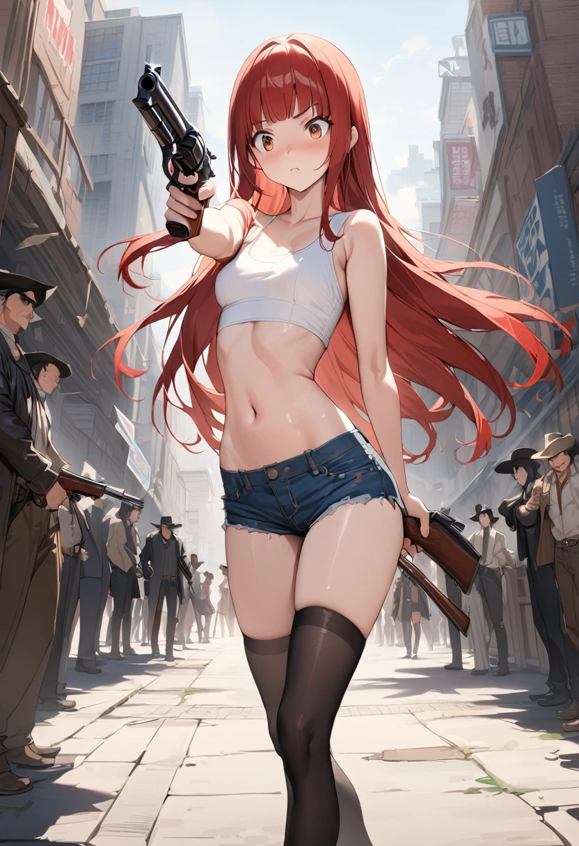 A 32-year-old redhead and a 13-year-old blonde female soldier are lined up.、The woman is glaring at the viewer、Angry expression、crowd、uniform、Dirty underwear、Suspended、Among the Enemy、Standing、Outdoor、Pee on yourself