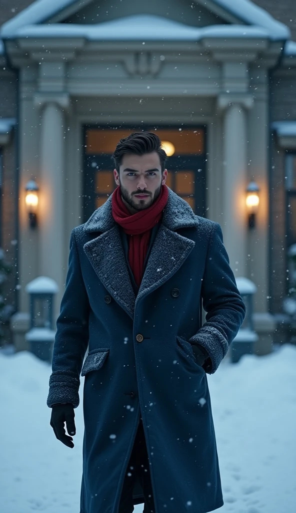 A 21-year-old young rich man with a small beard and big mustache, wearing a lush bluish pent coat and a red muffler. Snow-covered ground and icy environment. Dark, cold night with heavy snowfall. heading towards the grand mansion entrance door with a determined look. snowy and cold environment.