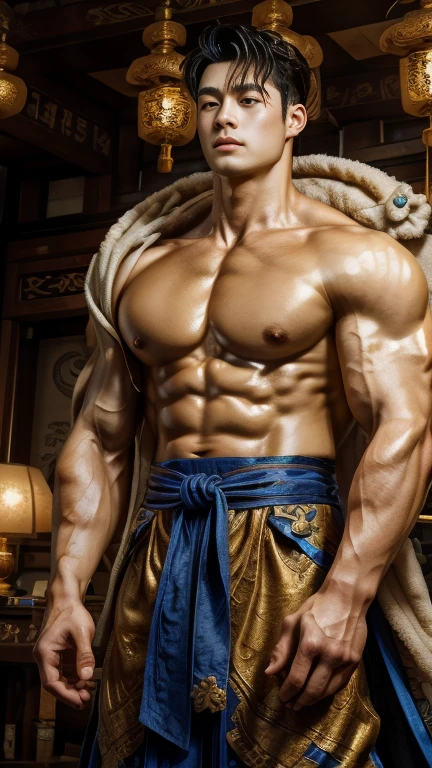 disconsolate，Ambient，artistic conception，large scene，The wind blew up the white curtains，Dattain lamps，Diffuse light，chest muscle，Shirtless, stubbles, Sideburns, musculature, Strong handsome korean  guy， a golden statue of handsome men god , multiple hands holding some weapons, , Hanfu，Golden blue、Jing Qing Moqing、jackson wang, Plain cherry blue，Junyi，Dignified atmosphere，Temperament，Short hair, Flat-headed beautiful man，The light is gentle，The scene comes to life