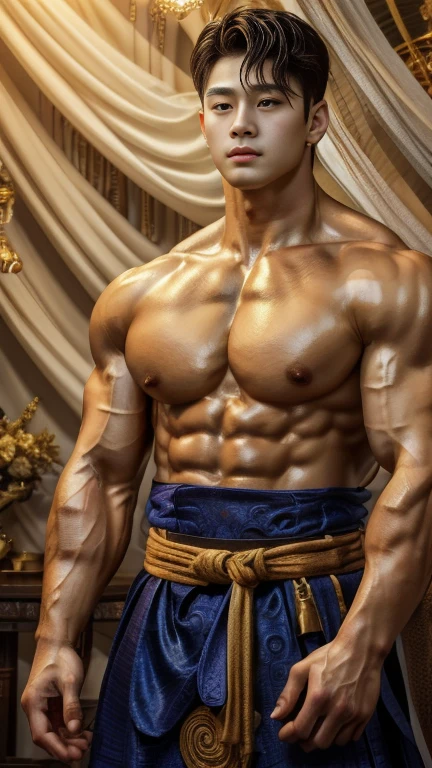 disconsolate,Ambient,artistic conception,large scene,The wind blew up the white curtains,Dattain lamps,Diffuse light,chest muscle,Shirtless, stubbles, Sideburns, musculature, Strong handsome korean guy, a golden statue of handsome men god , multiple hands holding some weapons, , Hanfu,Golden blue、Jing Qing Moqing、jackson wang, Plain cherry blue,Junyi,Dignified atmosphere,Temperament,Short hair, Flat-headed beautiful man,The light is gentle,The scene comes to life