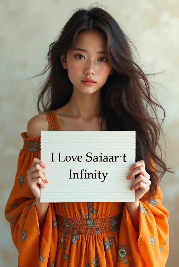 Beautiful girl with wavy long hair, bohemian dress, holding a white board with text "I Love Seaart Infinity" and showing it to the viewer