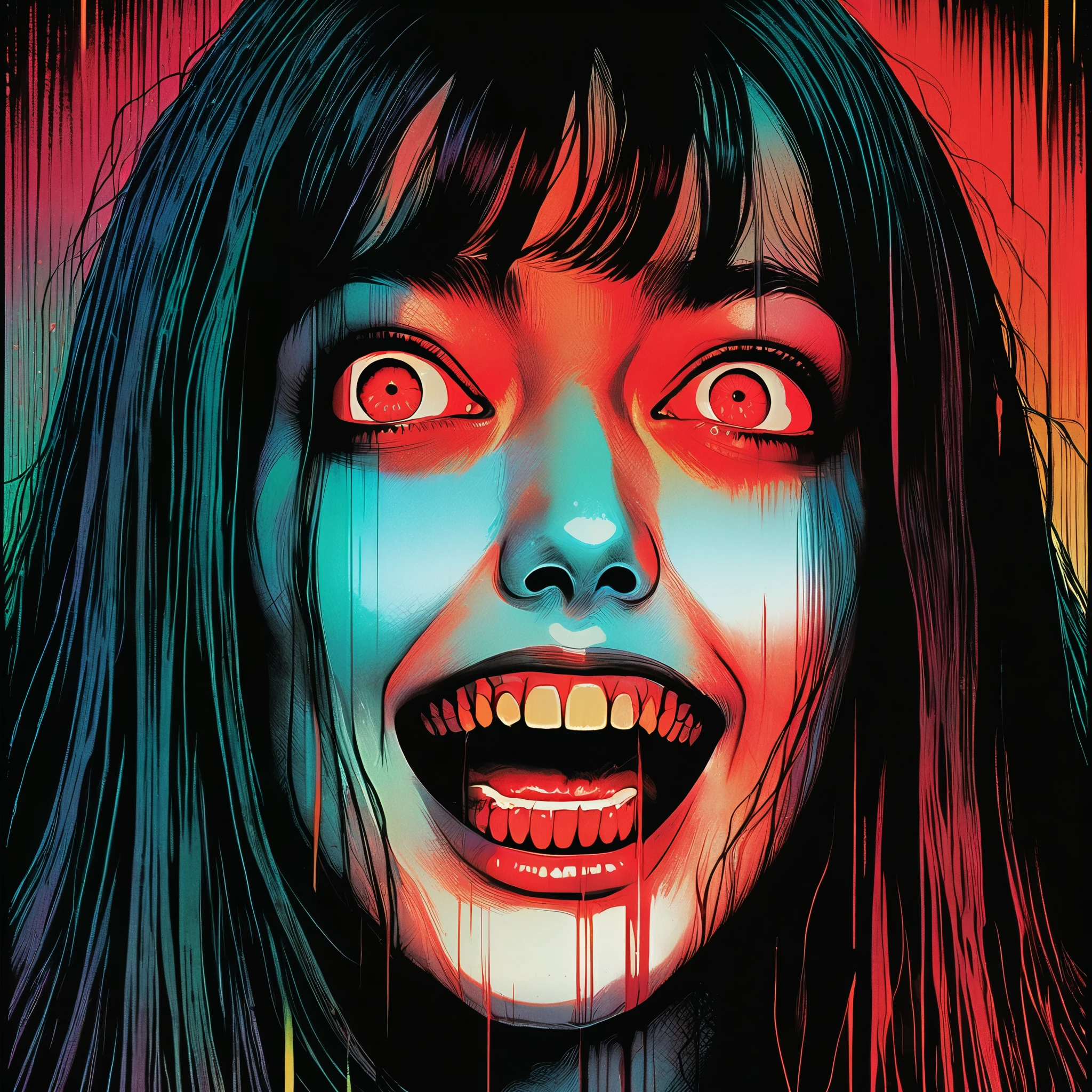 illust、art、from 80s horror movie, directed by Junji Ito、darkness、Screaming Woman、Overaction、Overreaction、Acting frightened、high detail, realsitic shadow、Analog style, vhs style, 8mm film, chromatic aberration, Dvd screengrab
