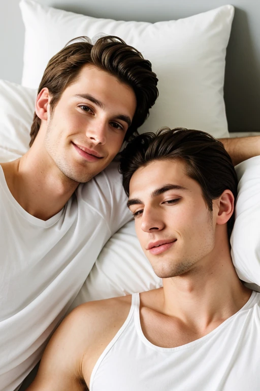 Young cute and handsome skinny white face beautiful soft skin 27 years old hitting the pillow with his brother 