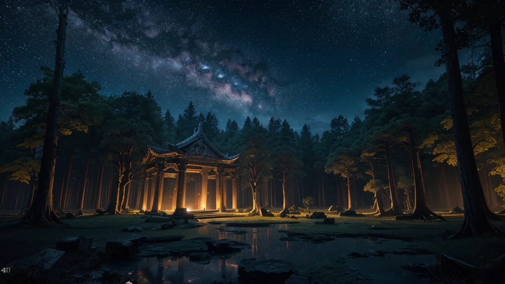 a spectacular night, Moonlit Ethereal Forest, glowing fireflies, mystical atmosphere, vibrant stars in the sky, serene lagoon reflecting the night sky, ancient temple in ruins, twisted and gnarled trees, dramatic lighting, dramatic shadows, film composition, fancy, surreal, (best qualityer,4K,8k,high resolution,work of art:1.2),ultra detali,(realisitic,photorealisitic,photo-realisitic:1.37),Detailed night sky, dramatic lighting e mal-humorada