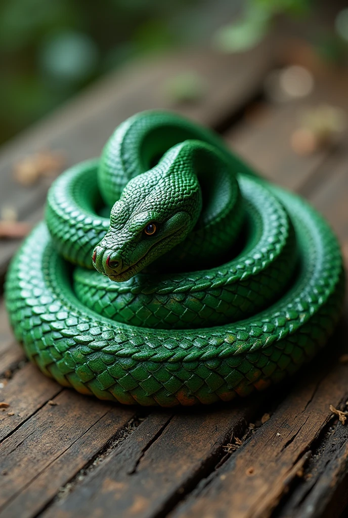 snake enrolled on wood, similar to asclepius snake, mystic and strong, green details
