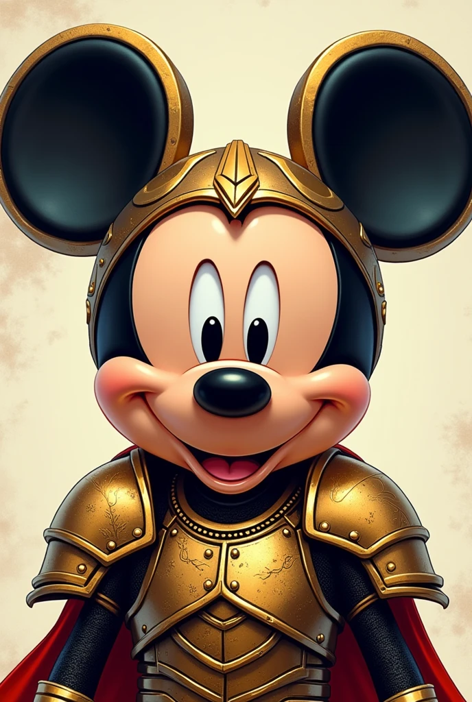 Dessinez une illustration inspirée des chevaliers du zodiaques ;, représentant une version de Mickey Mouse de style armure dorée, soldat du futur. Mickey Mouse doit avoir un design futuriste , avec des lignes élégantes et des détails métalliques brillants. Votre visage doit conserver les traits classiques de Mickey, mais avec une esthétique plus technologique, y compris brillant, yeux expressifs et oreilles emblématiques. Créant une fusion unique entre le classique et le futuriste."