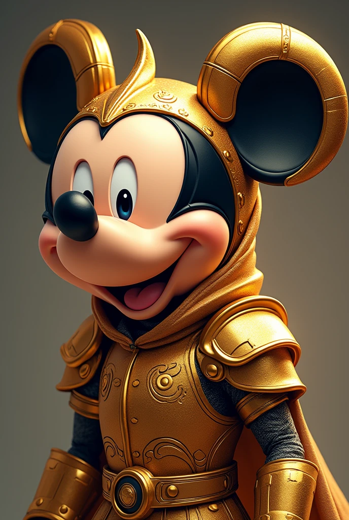 Dessinez une illustration inspirée des chevaliers du zodiaques ;, représentant une version de Mickey Mouse de style armure dorée, soldat du futur. Mickey Mouse doit avoir un design futuriste , avec des lignes élégantes et des détails métalliques brillants. Votre visage doit conserver les traits classiques de Mickey, mais avec une esthétique plus technologique, y compris brillant, yeux expressifs et oreilles emblématiques. Créant une fusion unique entre le classique et le futuriste."