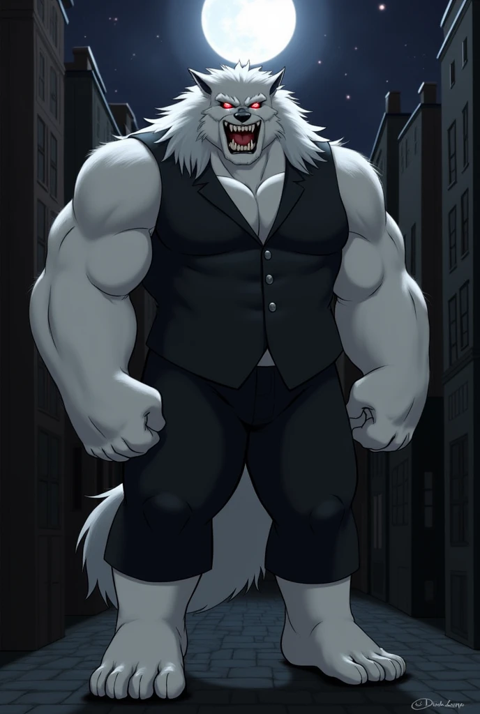 Tall, moderately muscular, wolf, anthro, furry, gray fur, white shirt on wolf, red tie on wolf, suspenders on wolf, black trousers on wolf, happy. Short Human man nearby, grumpy, casual outfit, dark hair, white skin, moderate size difference.