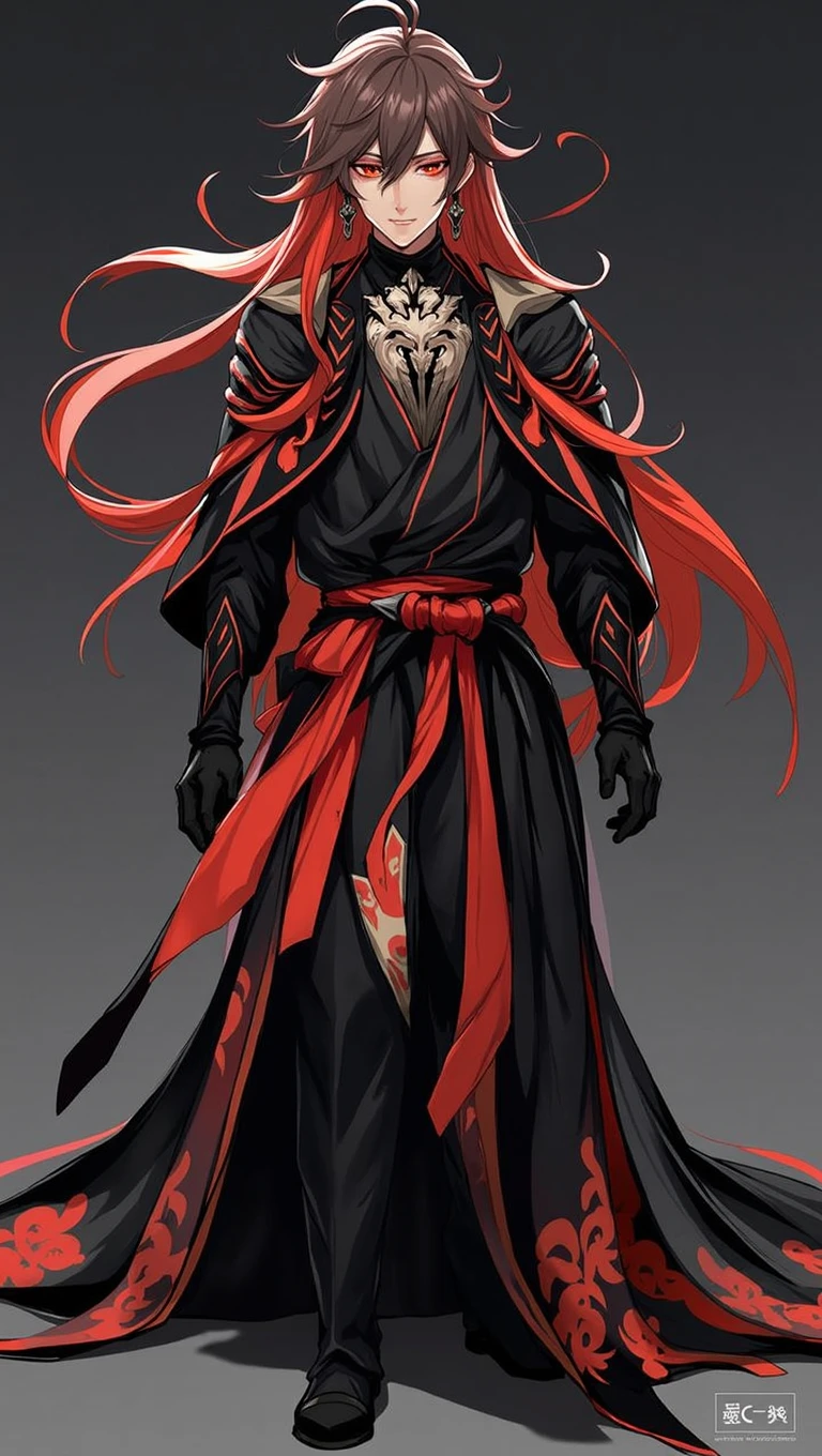 black hair, Long hair, Black-red eyes, Black and red robe, gorgeous, indifferent, man, red streaked hair, ahoge, hair over shoulder, very long hair, asymmetrical bangs, hair spread out, crazy eyes, devil eyes, expressionless, robe, character chart, tachi-e, panorama, Genshin Impact Style, super detail