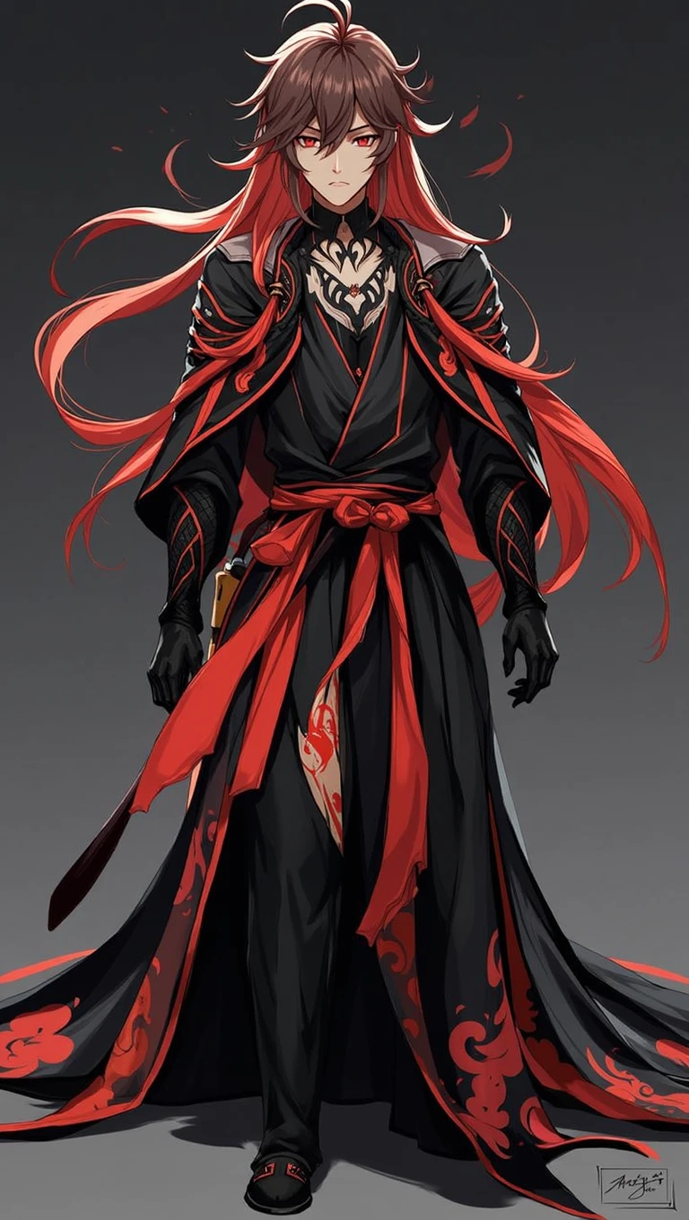 black hair, Long hair, Black-red eyes, Black and red robe, gorgeous, indifferent, man, red streaked hair, ahoge, hair over shoulder, very long hair, asymmetrical bangs, hair spread out, crazy eyes, devil eyes, expressionless, robe, character chart, tachi-e, panorama, Genshin Impact Style, super detail