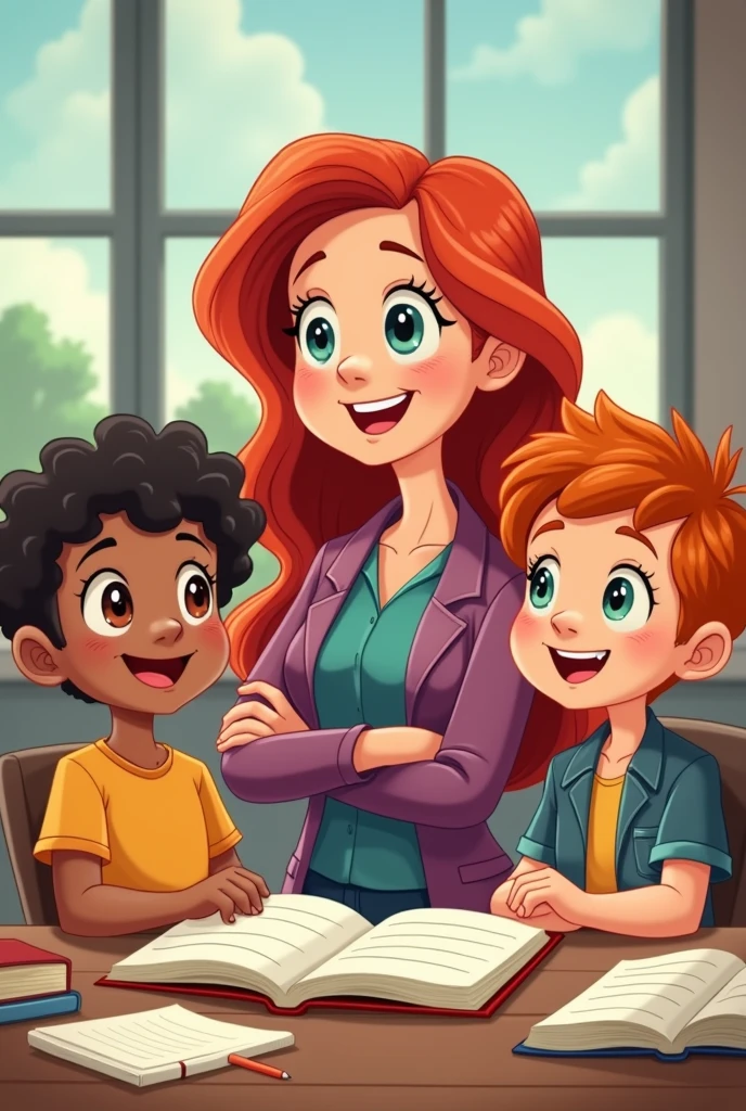 cartoon of kids together with their red-haired teacher, long and wavy building knowledge