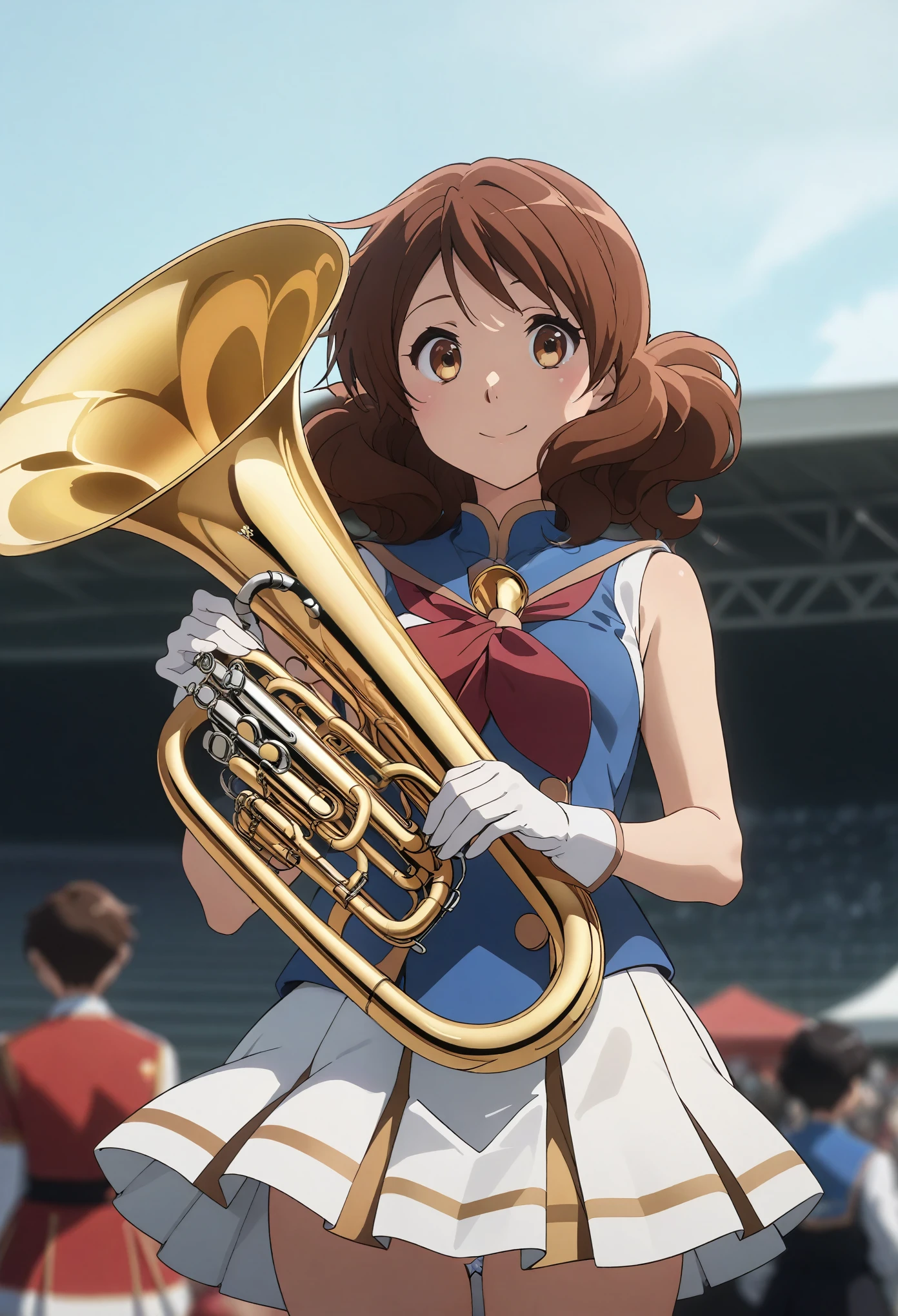 One girl,Oumae Kumiko,Medium Hair,Have a euphonium,
Sun Festival,band uniform,Mini Shako Cap,No sleeve,Blue Vest,Small breasts,smile,Cowboy Shot,Outdoor,
evaluation: general,masterpiece,Highest quality,  (Perfect hands, Perfect Anatomy), 1 girl,Cowboy Shot,Skirt flip,White lace panties,High quality anime、High resolution, Kumiko、Tabletop,band uniform,sunfes marching band uniform,[3D Images:1.5],[[Attractive eyes,Detailed eyes、Shining Eyes, Colorful eyes:1.15],whole、Looking at the audience,8k images,Cute Anime Girl, I'm smiling at you、