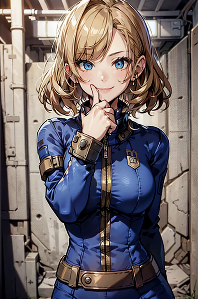 ((best quality)), ((masterpiece)), (detailed), 1girl, perfect face, happy face, smile, perfect hands, five finger, Fallout, portrait from the waist up, facing the camera, Crypt suit, perfect eyes, blue crypt suit, short blonde hair, slanted fringe, little cleavage showing, giving thumbs up sign,