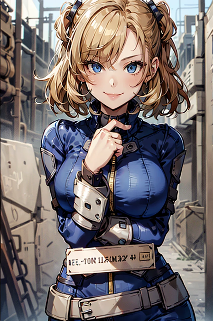 ((best quality)), ((masterpiece)), (detailed), 1girl, perfect face, happy face, smile, perfect hands, five finger, Fallout, portrait from the waist up, facing the camera, Crypt suit, perfect eyes, blue crypt suit, short blonde hair, slanted fringe, little cleavage showing, giving thumbs up sign,