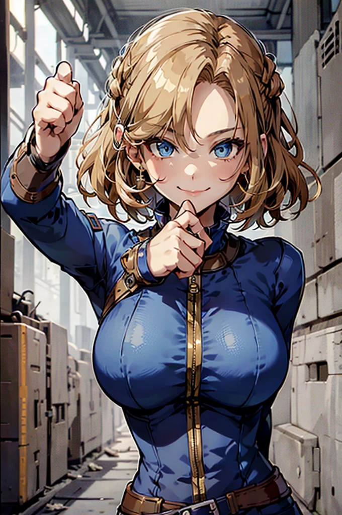 ((best quality)), ((masterpiece)), (detailed), 1girl, perfect face, happy face, smile, perfect hands, five finger, Fallout, portrait from the waist up, facing the camera, Crypt suit, perfect eyes, blue crypt suit, short blonde hair, slanted fringe, little cleavage showing, giving thumbs up sign,