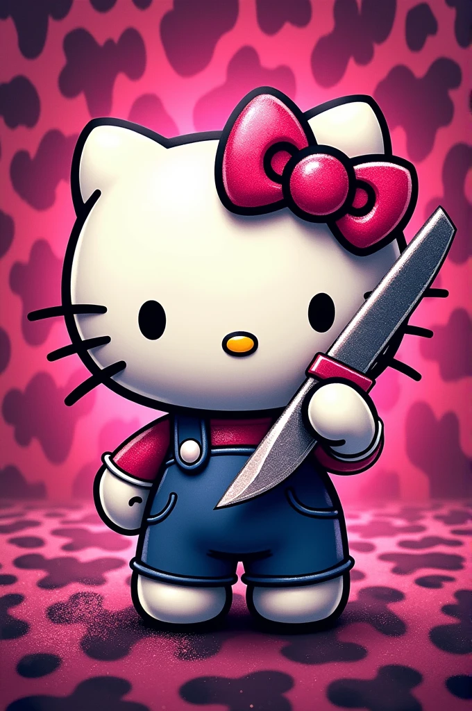 Create a poster promoting melee weapons, with pink animal print design, pink glitter and hello kitty with a knife in her hand and the phrase "Weapons that speak with authority" in Spanish