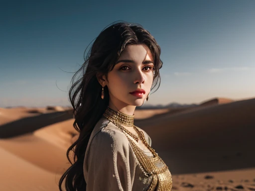 Goddess Ishtar in the desert, people of Levant in the desert. Golden hour, shadow not dark, cinematic lighting, depth of field, bokeh, realism, photorealistic, hyperrealism, professional photography, 4k, 8k, 16k, uhd, dslr, hdr, female model's upper body in focus, wide angle cowboy shot of female model wearing a ancient goddess dress, Ancient Levant people background, Desert background.