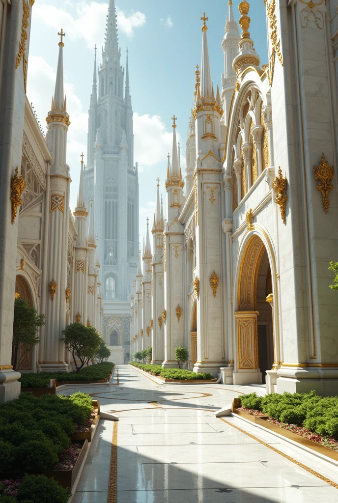Photograph of future scifi city gothic architecture, with romanian architectural influences, gilded intricate decorations, very realistic photograph, white marble walls, shiny golden decorations, gardens, fountains