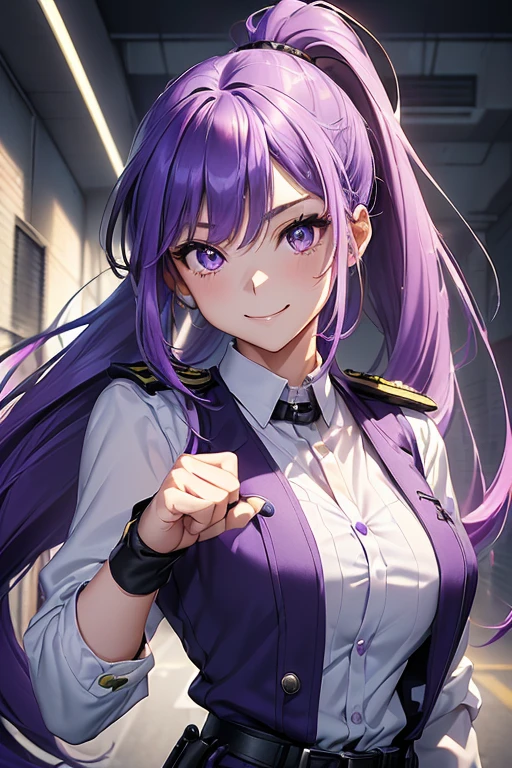 Full body, 最high quality、best image quality、masterpiece、girl((20-year-old、best hands, best fingers, By becoming、vest bust、small bust, wide open breast tea, One Adult Anime Girl 2d Long Hair Loose light Purple-Grayish, Age Adulthood adult,, white Scleriotica Shining eyes, neon purple hair、long hair、thin,highest valley、ponytail、police Uniform, brave, happy, smiling, jail background, policewoman, movie、visual art、perfect art、8K,genuine、