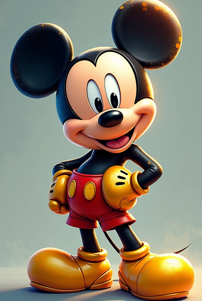 Dessinez une illustration inspirée de cyborgue ;, représentant une version de Mickey Mouse de style armure dorée, soldat du futur. Mickey Mouse doit avoir un design futuriste , avec des lignes élégantes et des détails métalliques brillants. Votre visage doit conserver les traits classiques de Mickey, mais avec une esthétique plus technologique, y compris brillant, yeux expressifs et oreilles emblématiques. Créant une fusion unique entre le classique et le futuriste."