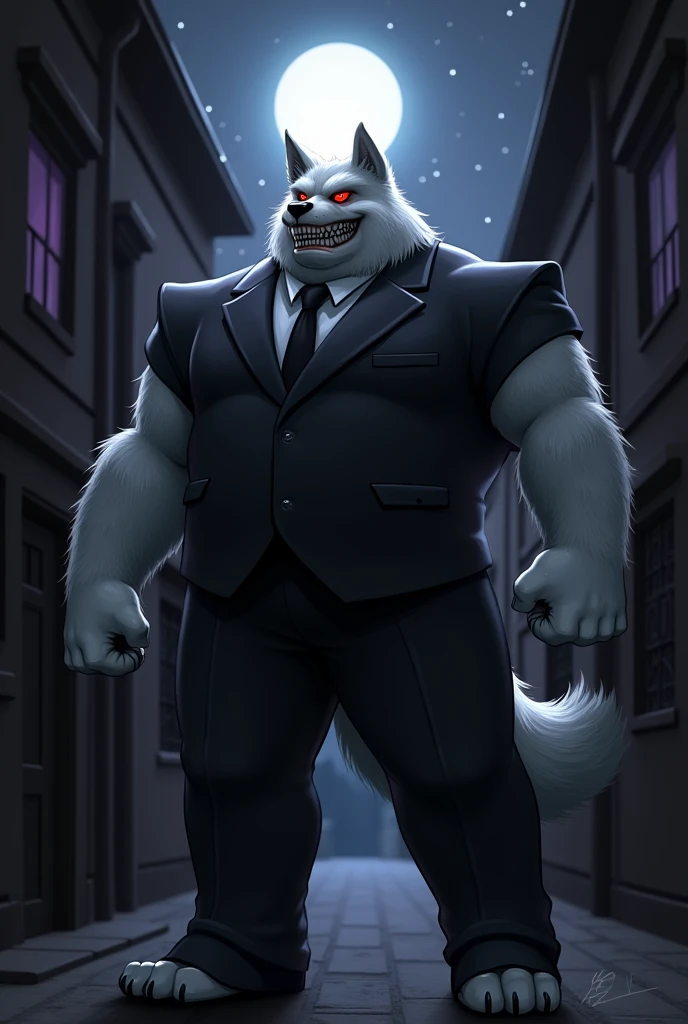 Solo, male, by darkgem, by mystikfox61, by glitter trap boy, by enro the mutt, by juiceps, standing, canine, white fur, red eyes, glowing eyes, muscular, giant, tall, powerful, strong, buff, wide, thick, massive biceps, giant pecs, teeth, fangs, smirking, rape face, evil expression, (((black suit))), black dress pants, alleyway, night, moon, dramatic lighting, stars